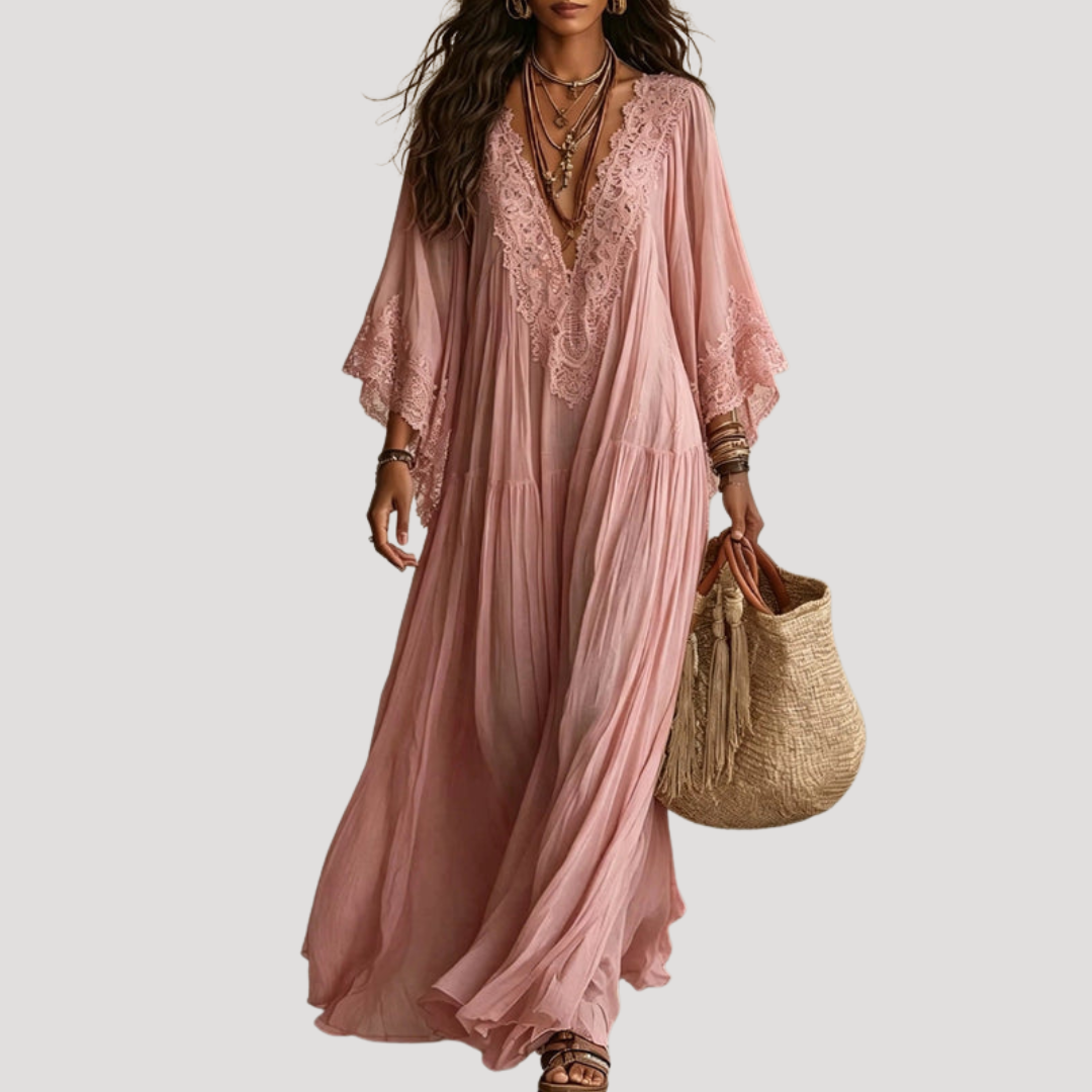 Robe Longue Bohème Femme Col V en Dentelle