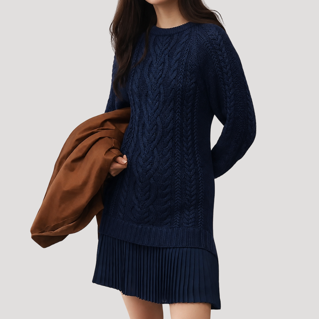 Robe Mini Femme en Maille Torsadée à Ourlet Plissé