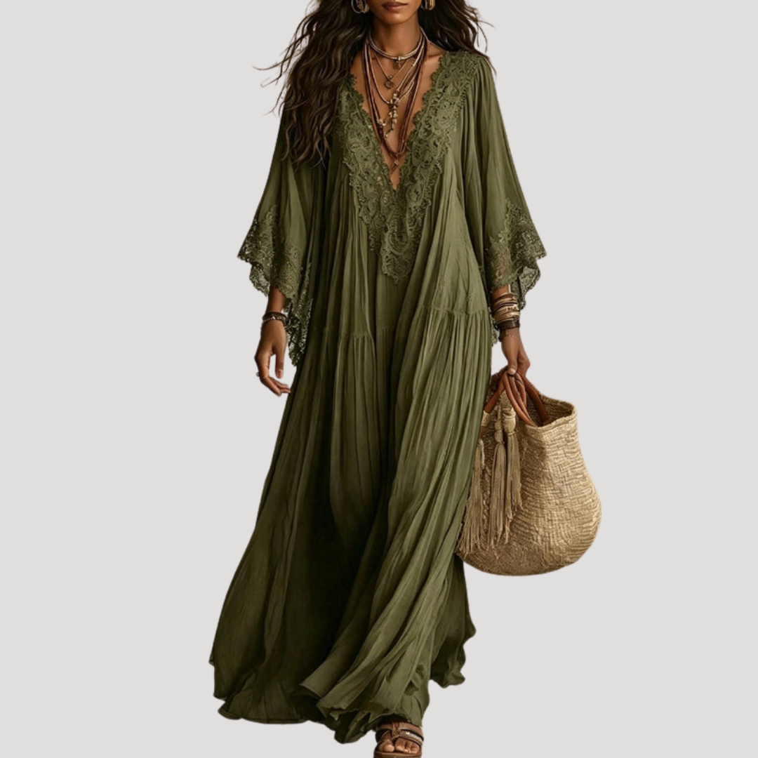 Robe Longue Bohème Femme Col V en Dentelle