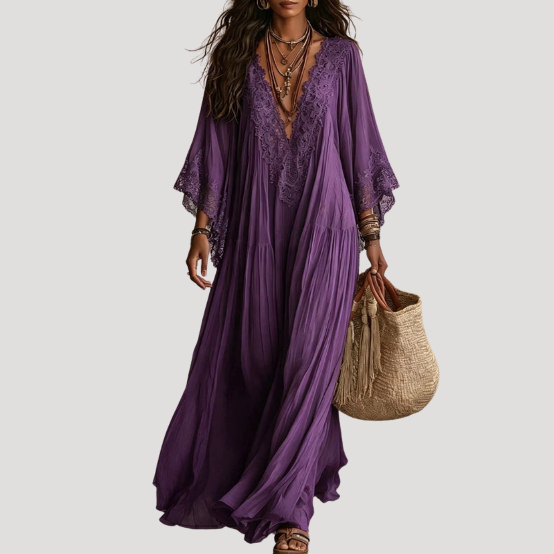 Robe Longue Bohème Femme Col V en Dentelle
