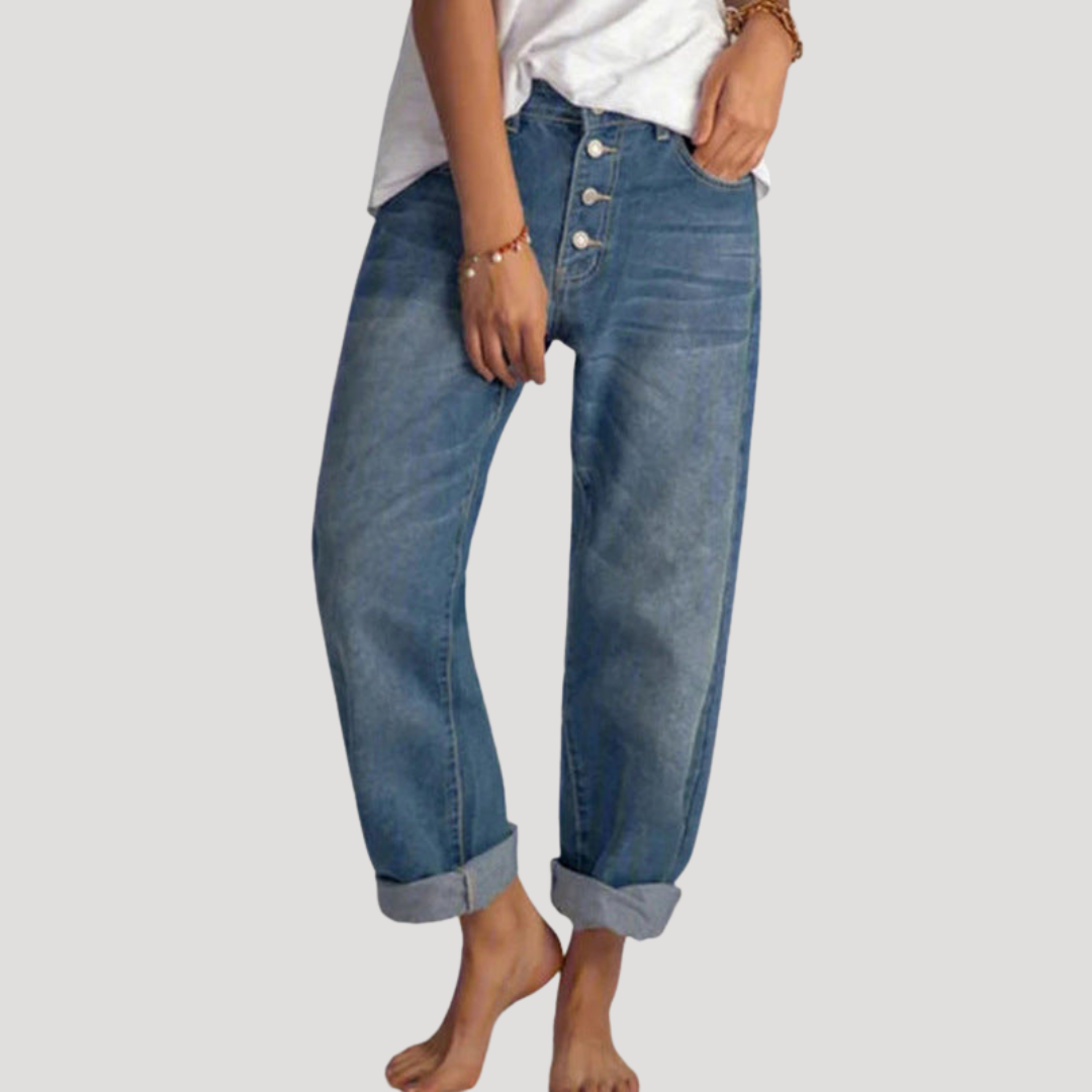 Jean boyfriend femme taille haute à boutons