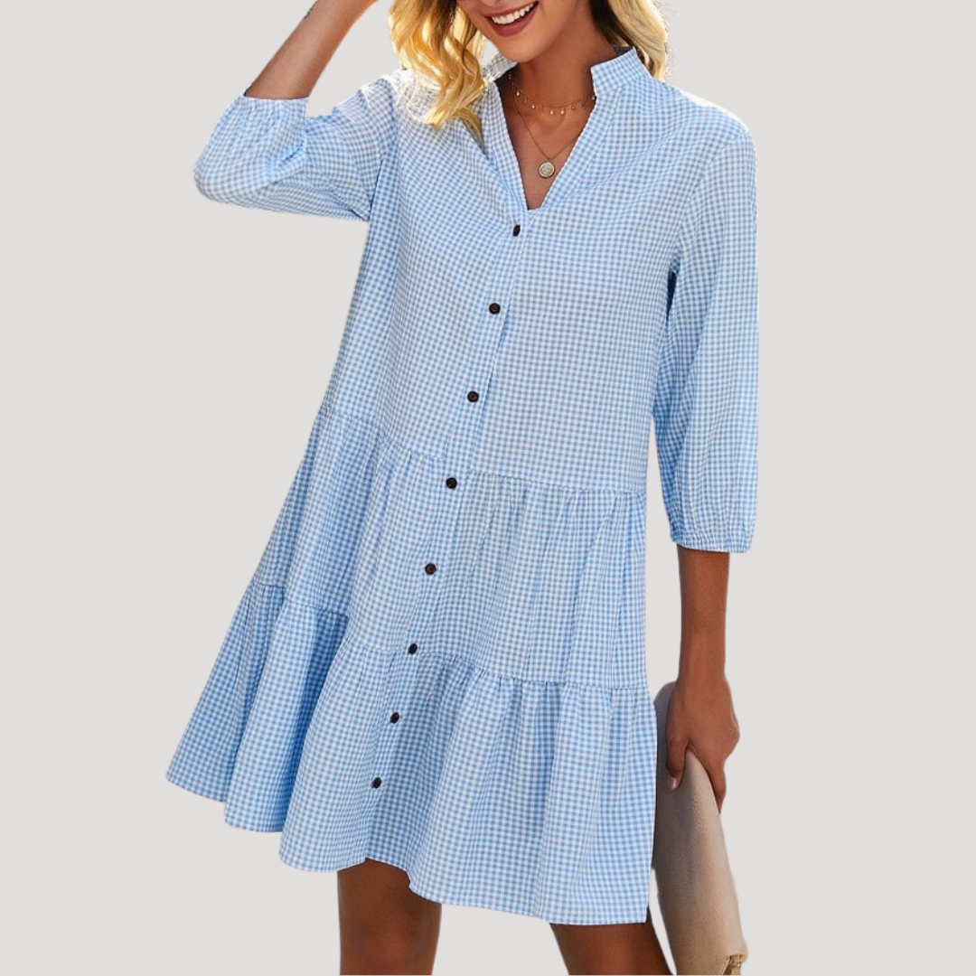 Robe trapèze courte vichy élégante boutonnée estivale