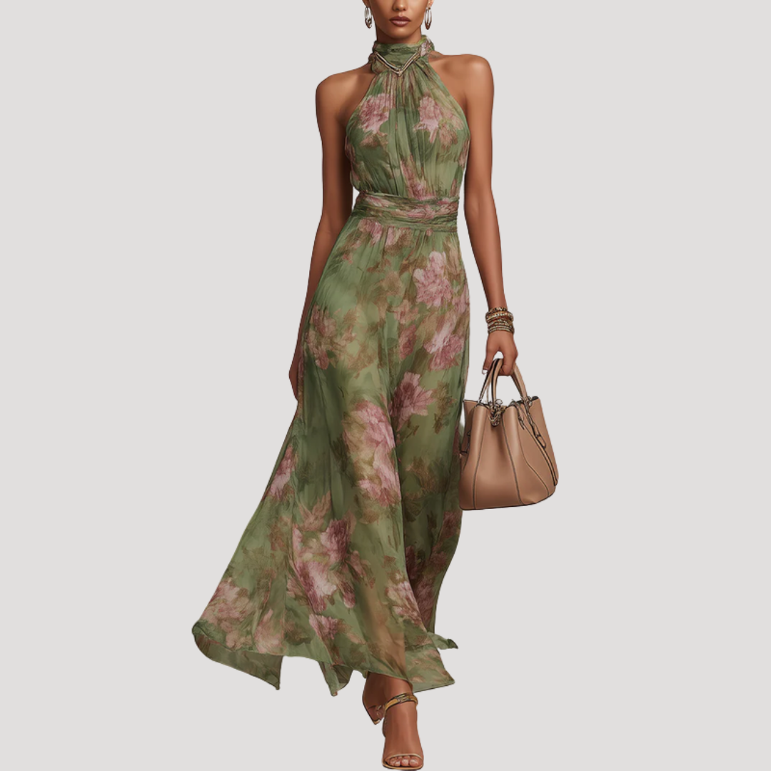 Robe Longue Fleurie Col Halter Élégante