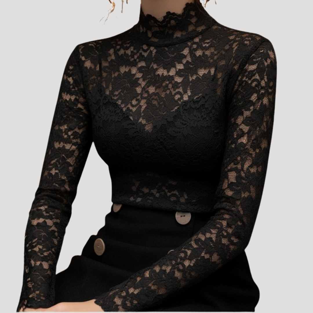Blouse en Dentelle Femme Col Montant Manches Longues