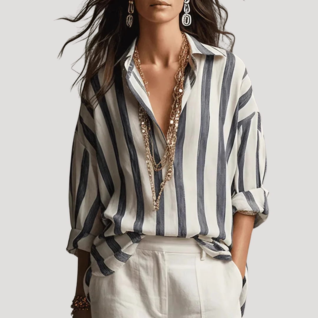 Blouse Femme Bohème Rayée Manches Retroussables