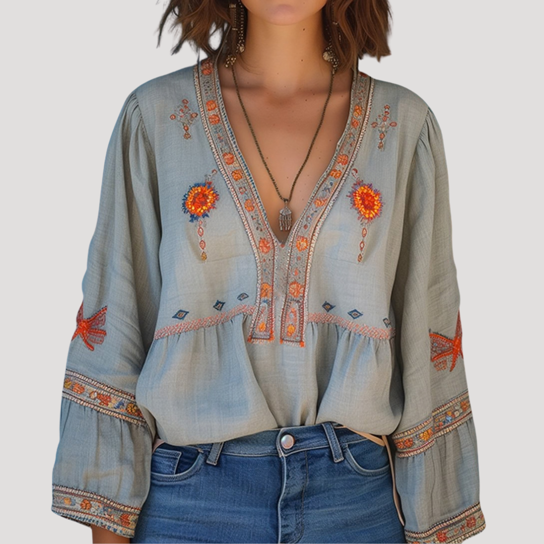 Blouse bohème brodée et fluide à manches longues
