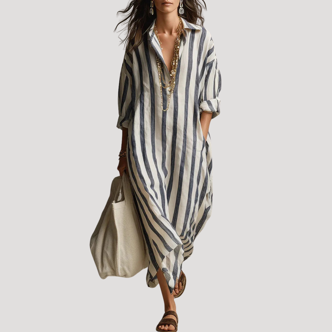 Robe Chemise Femme Rayée en Lin Longue