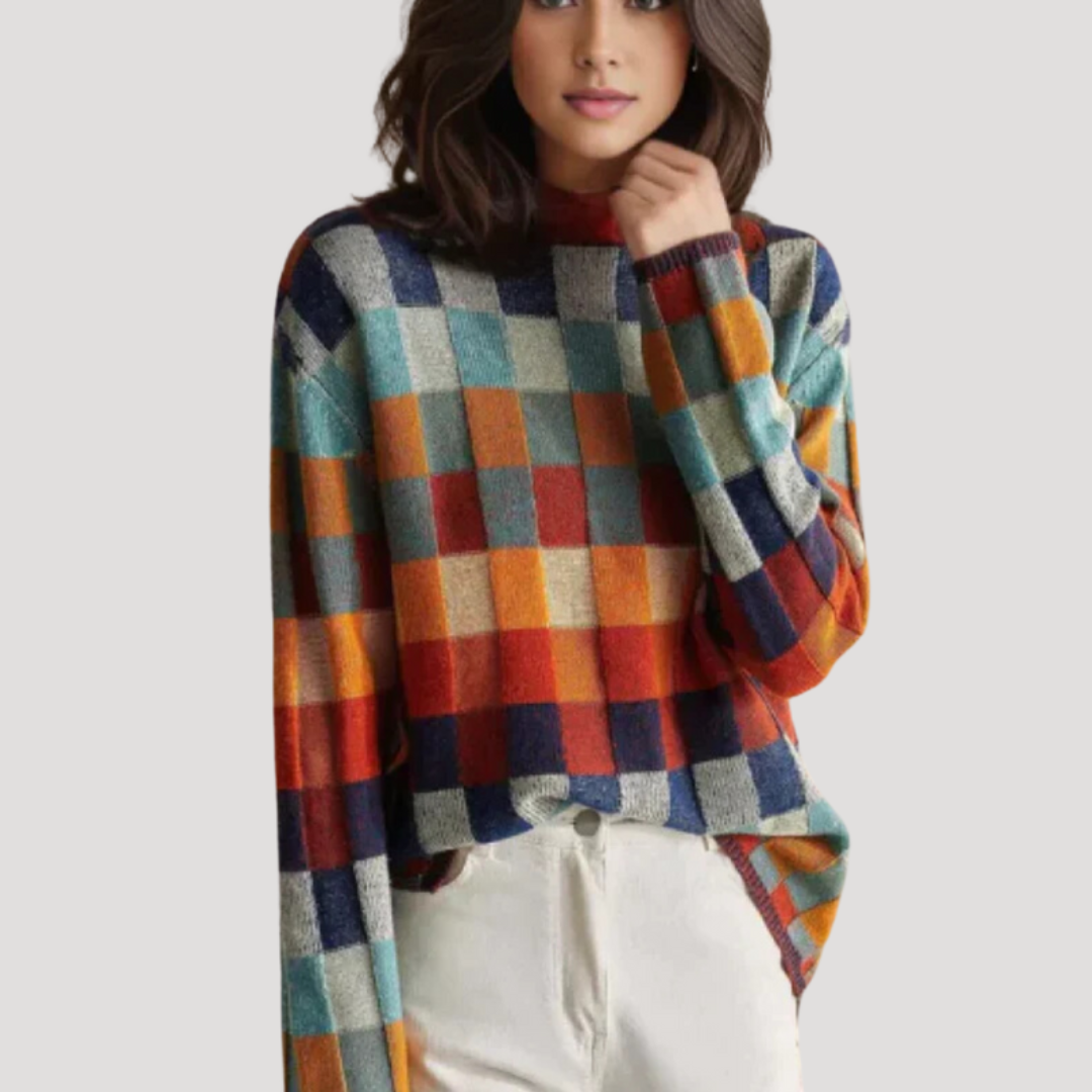 Pull Femme à Carreaux Col Montant