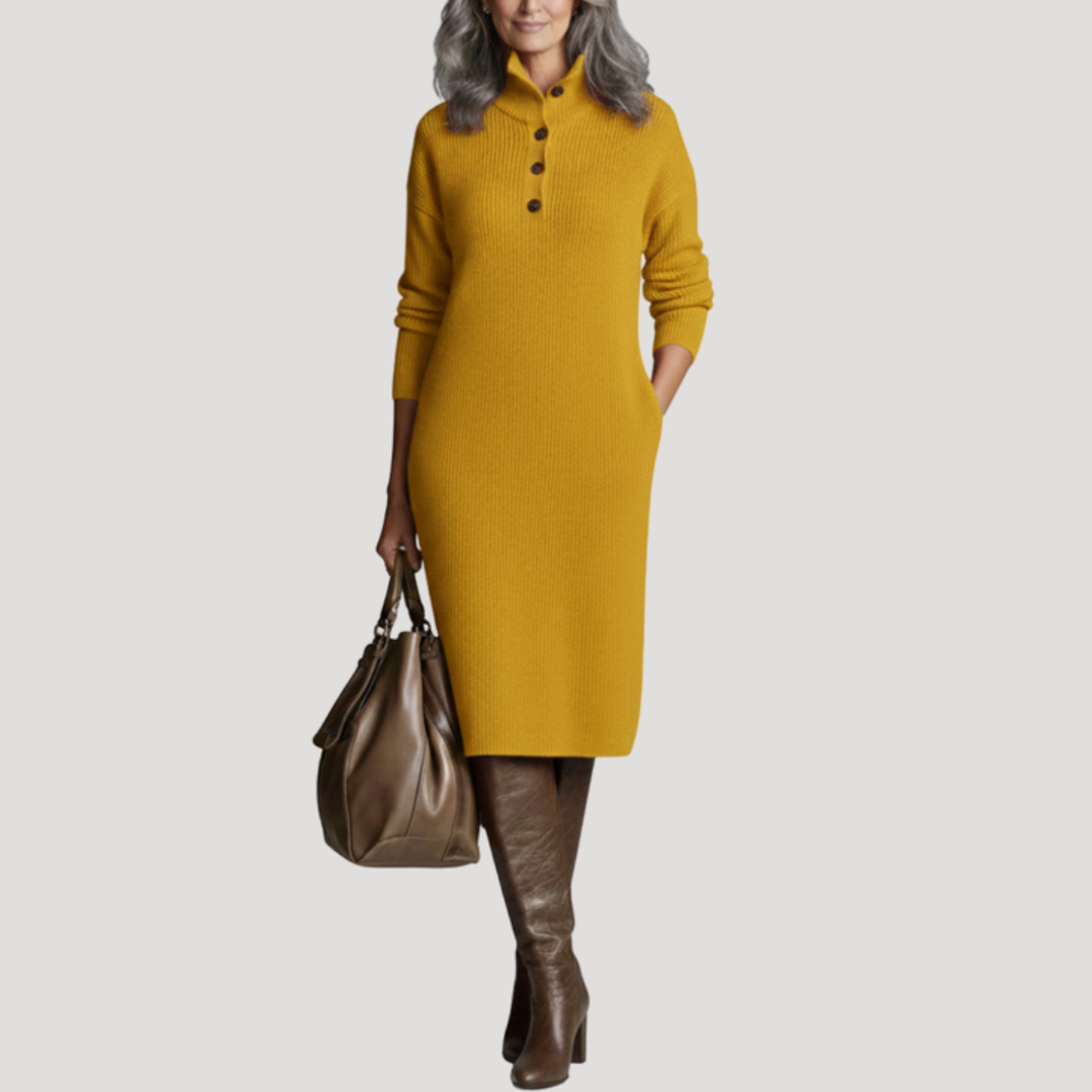 Robe Midi Femme Côtelée à Col Montant