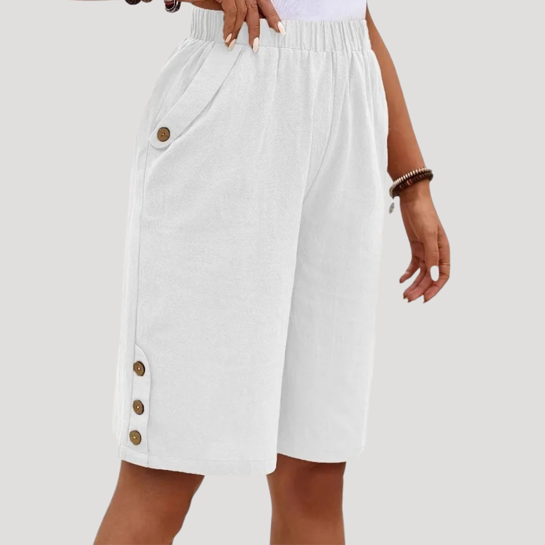 Bermuda Femme Chic Taille Élastique à Boutons Décoratifs