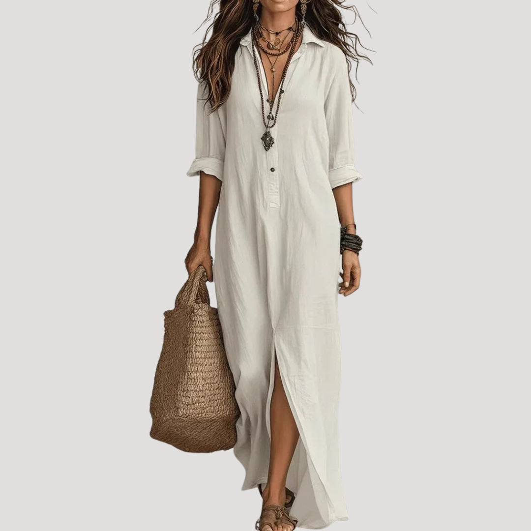 Robe Longue Femme Bohème Col V à Fente