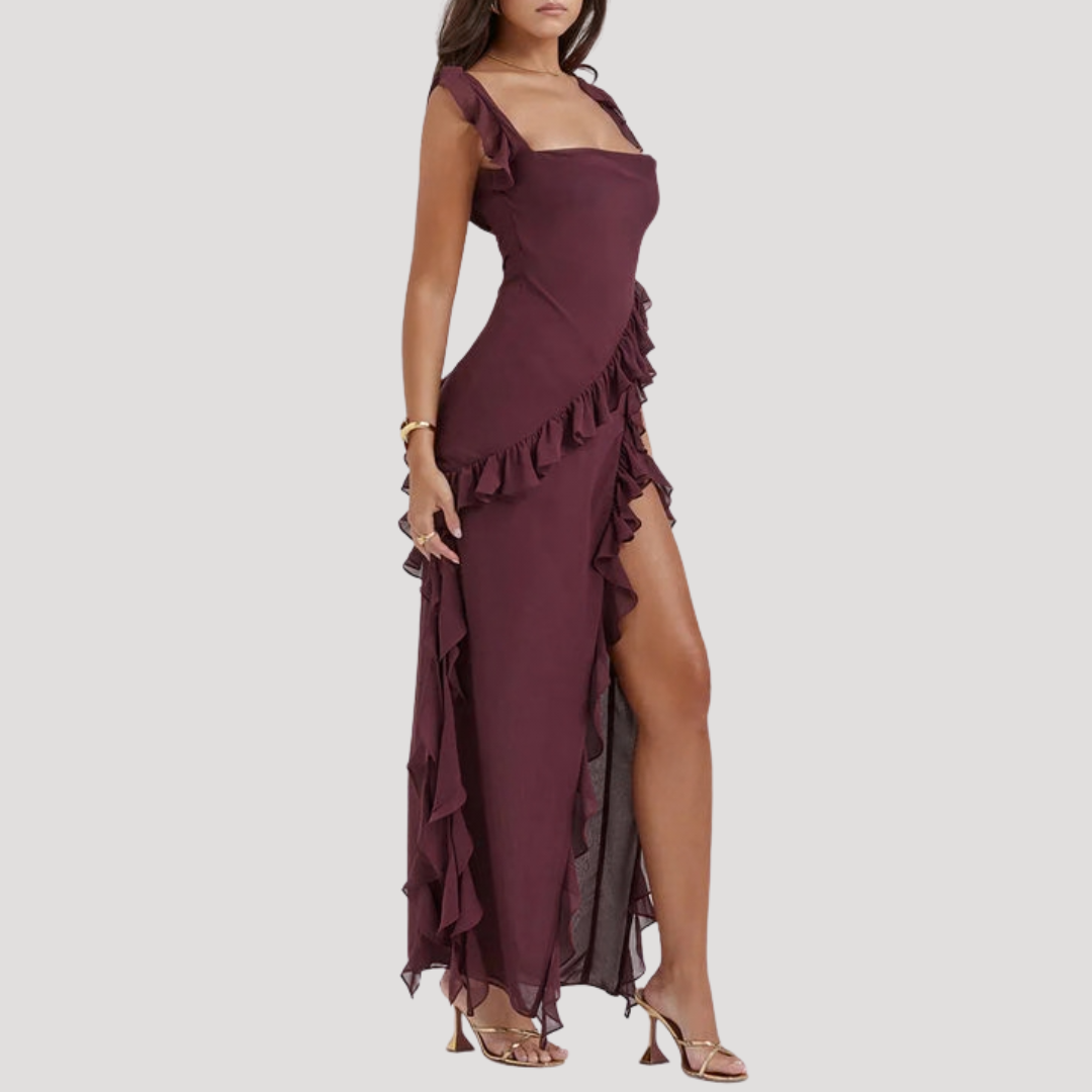 Robe longue fendue à volants élégante