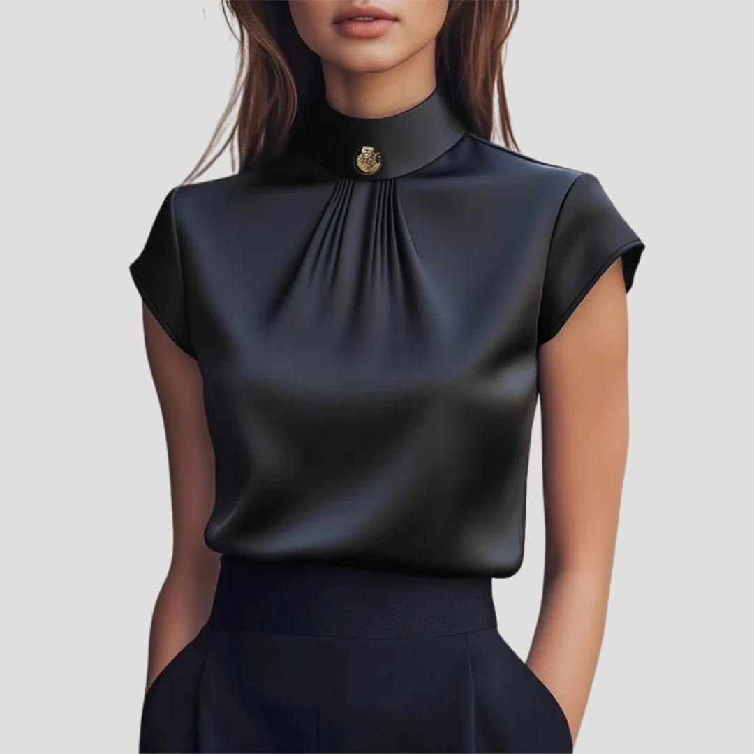 Blouse Femme Col Montant Élégante Manches Courtes