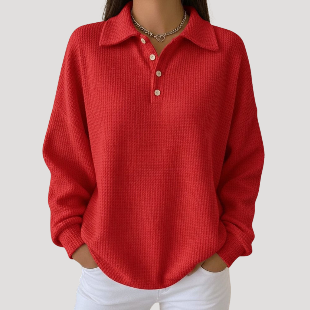 Pull Femme Col Polo Maille Gaufrée Décontracté