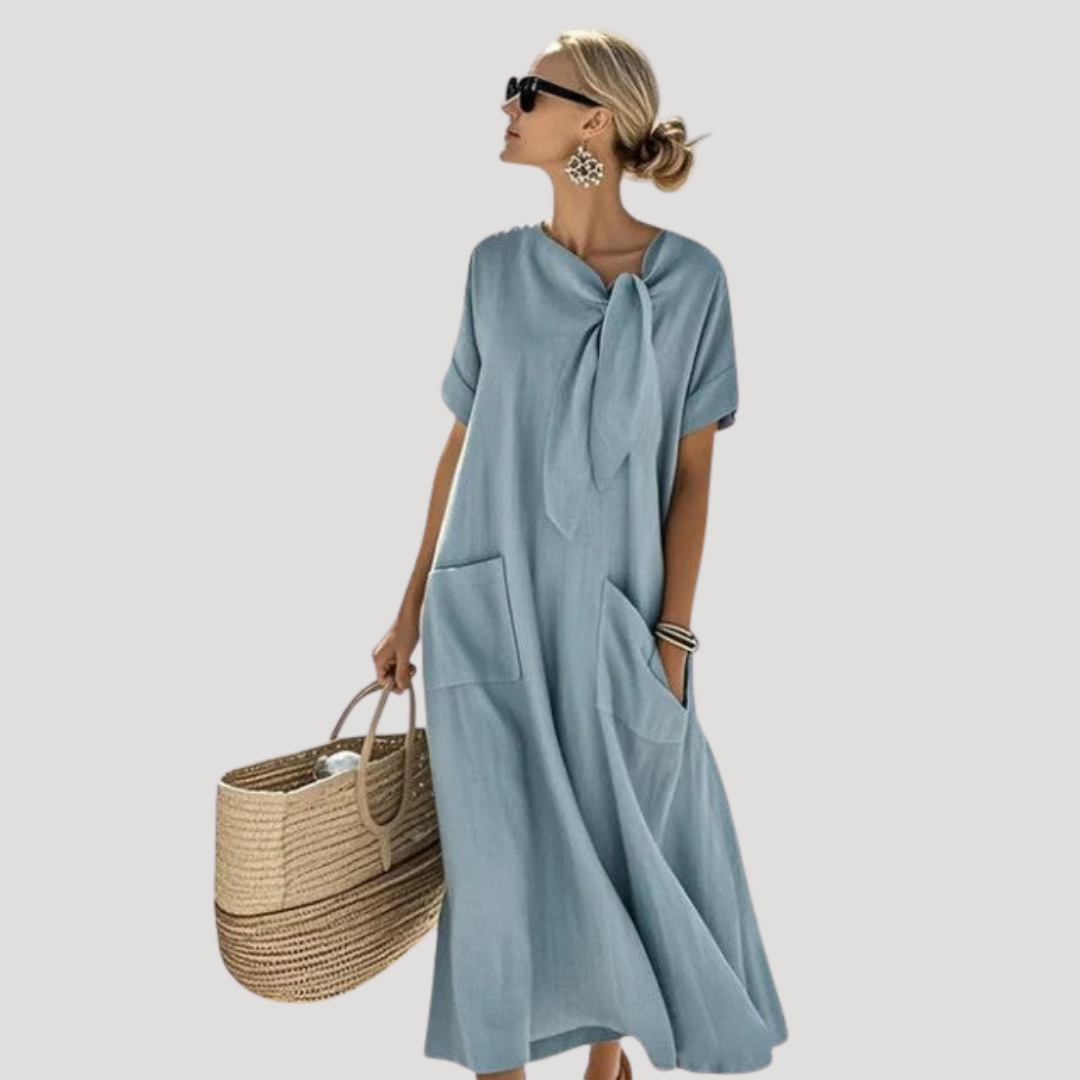 Robe Midi Femme Ample à Nœud Manches Courtes