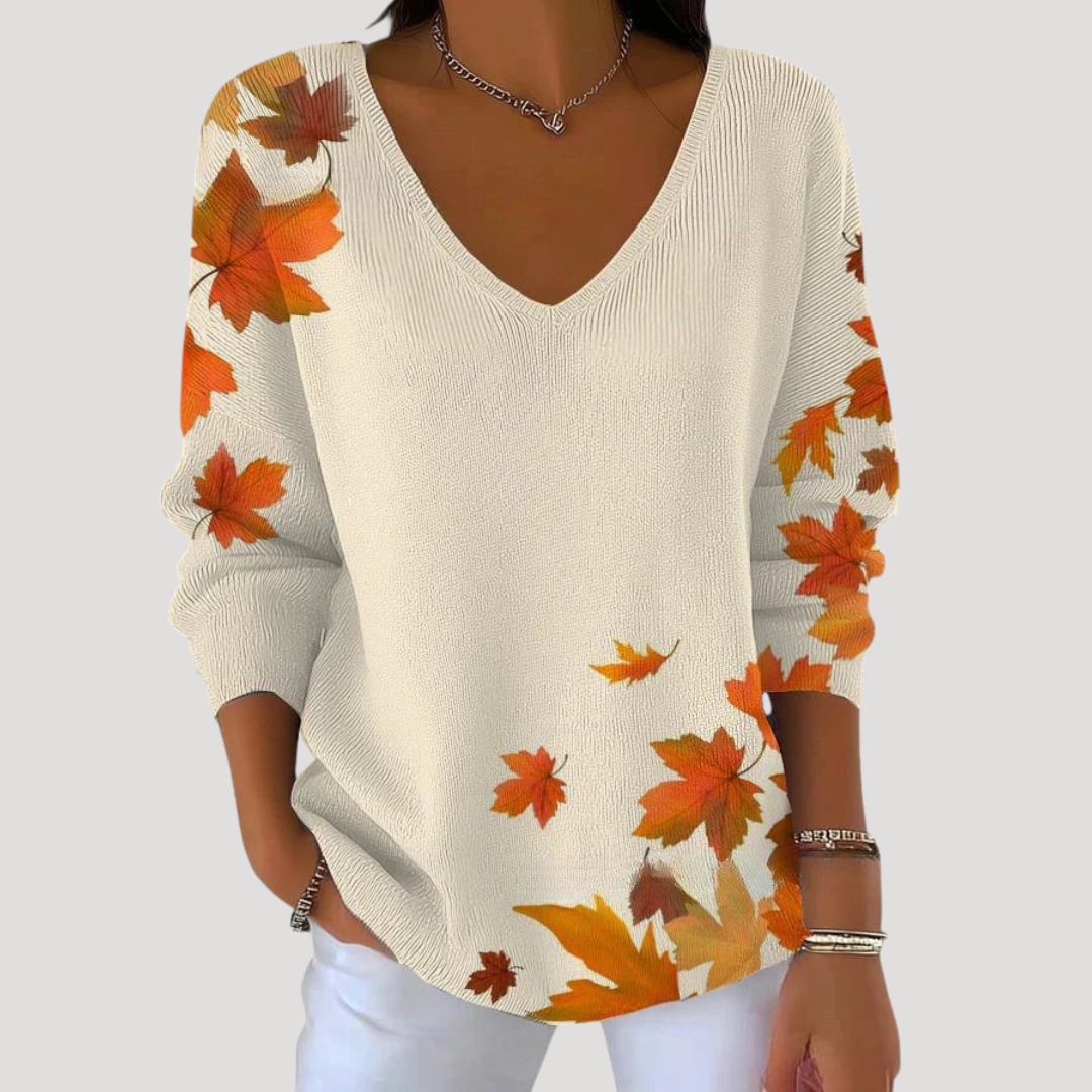 Pull Femme Maille Fine Motif Feuilles Automne