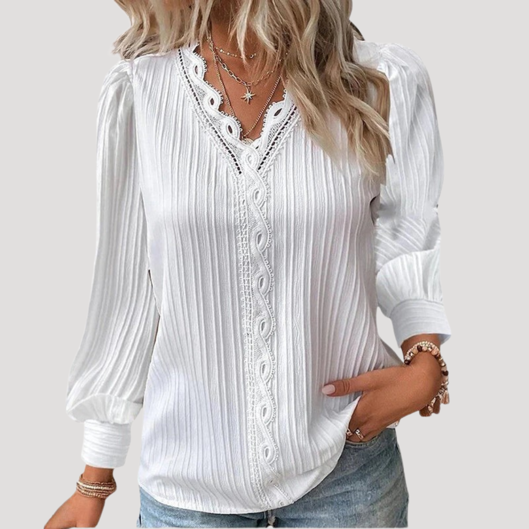 Blouse Femme Plissée Dentelle Col V Élégante