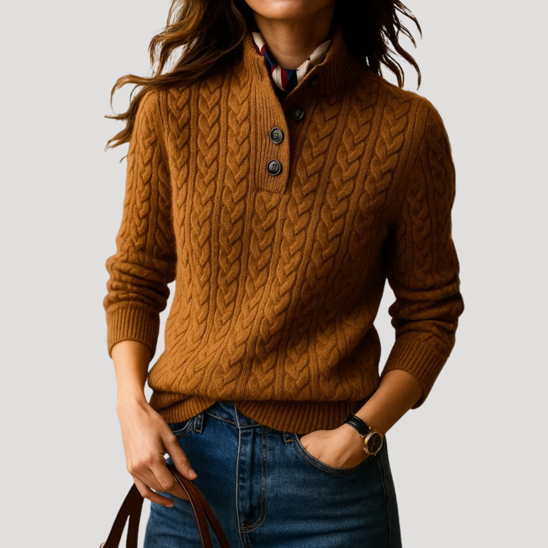 Pull Femme en Maille Torsadée à Col et Patte Boutonnée