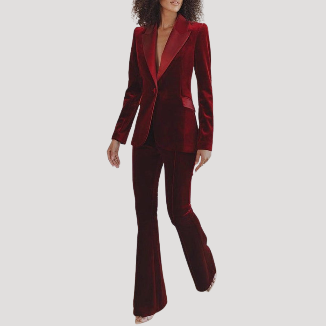 Tailleur Femme en Velours à Blazer Ajusté et Pantalon Évasé