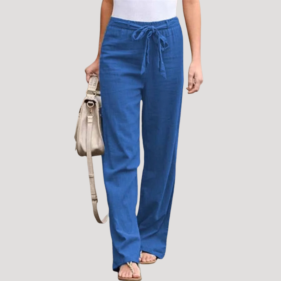 Pantalon femme d’été en lin léger coupe droite taille à nouer