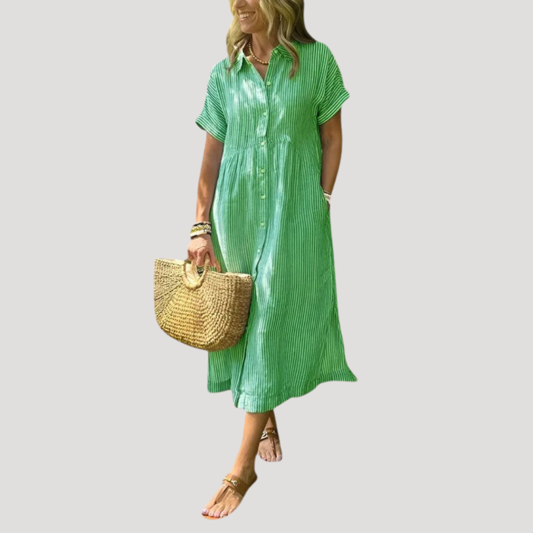 Robe Midi Femme Bohème Rayée Col Chemise