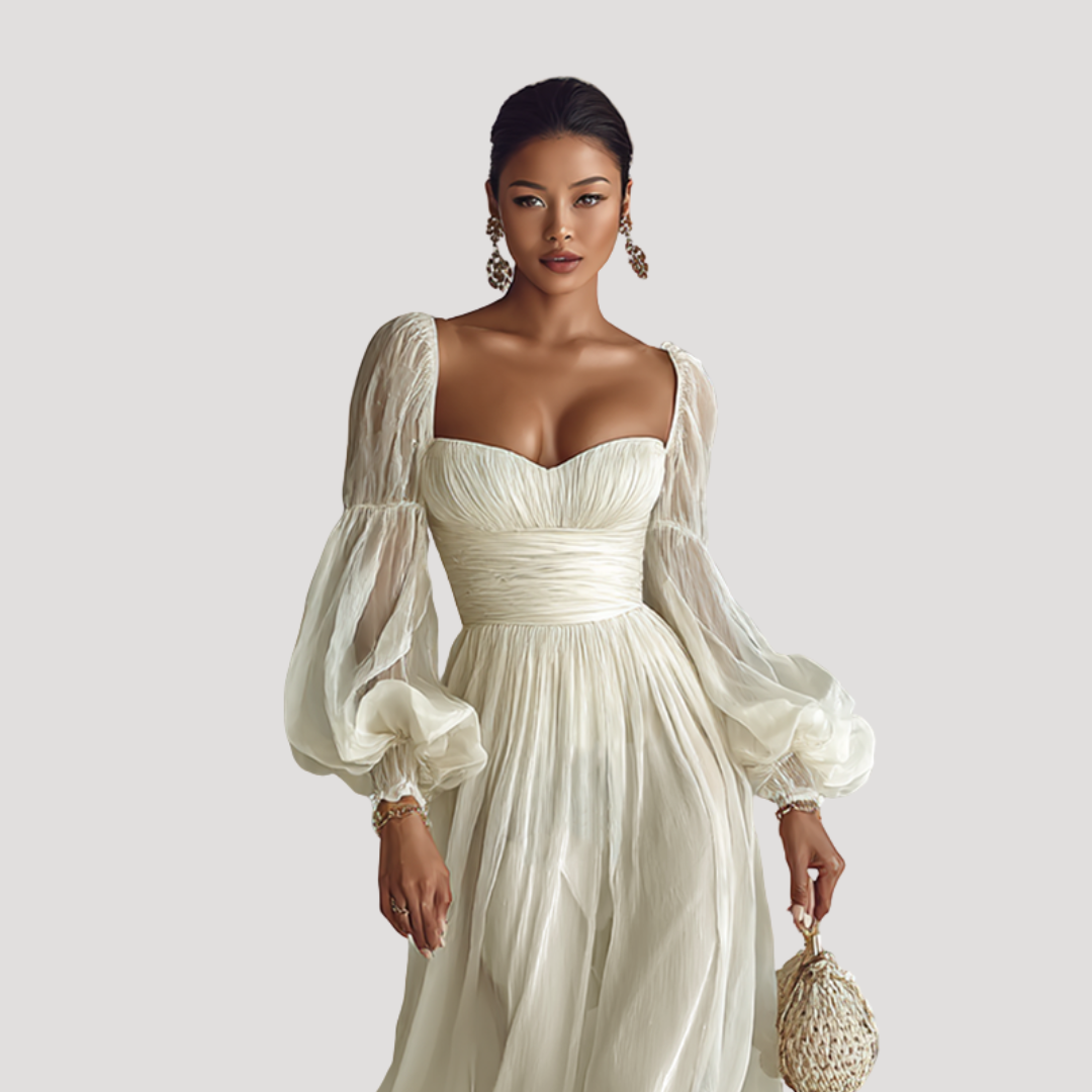 Robe Longue Femme Épaules Dénudées Manches Bouffantes
