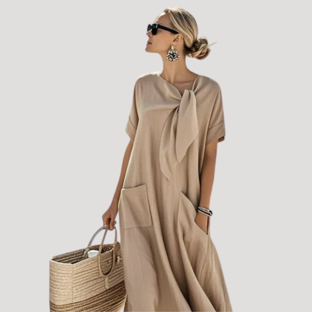 Robe Midi Femme Ample à Nœud Manches Courtes