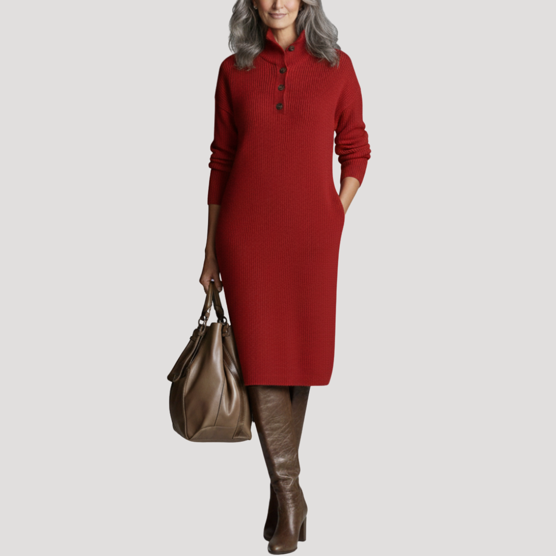 Robe Midi Femme Côtelée à Col Montant