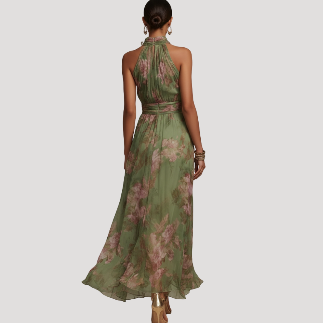 Robe Longue Fleurie Col Halter Élégante