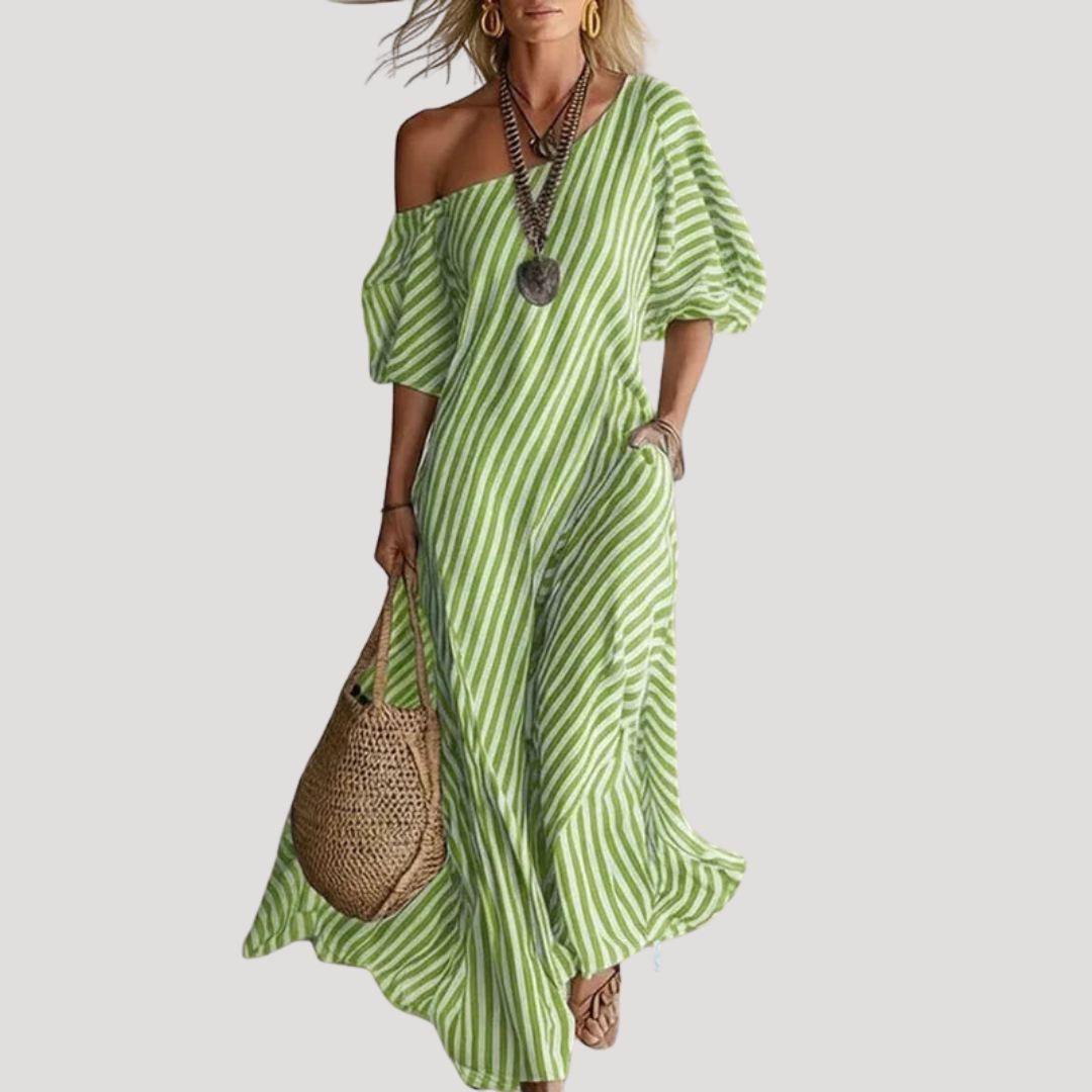 Robe Longue Femme Rayée Épaules Dénudées Bohème