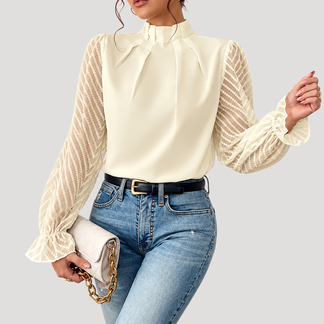 Blouse Femme à Col Montant et Manches Transparentes