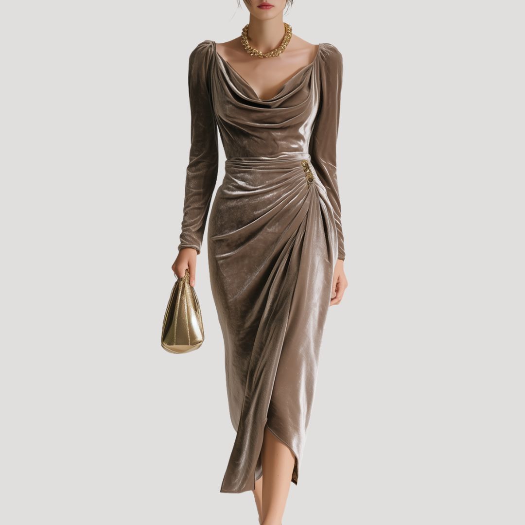 Robe Drapée Femme Velours Manches Longues Élégante