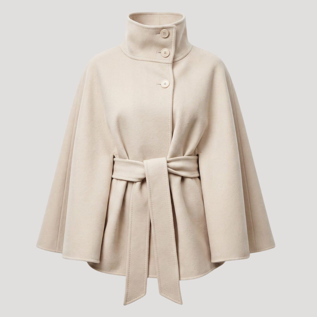Manteau cape femme ceinturé à col montant