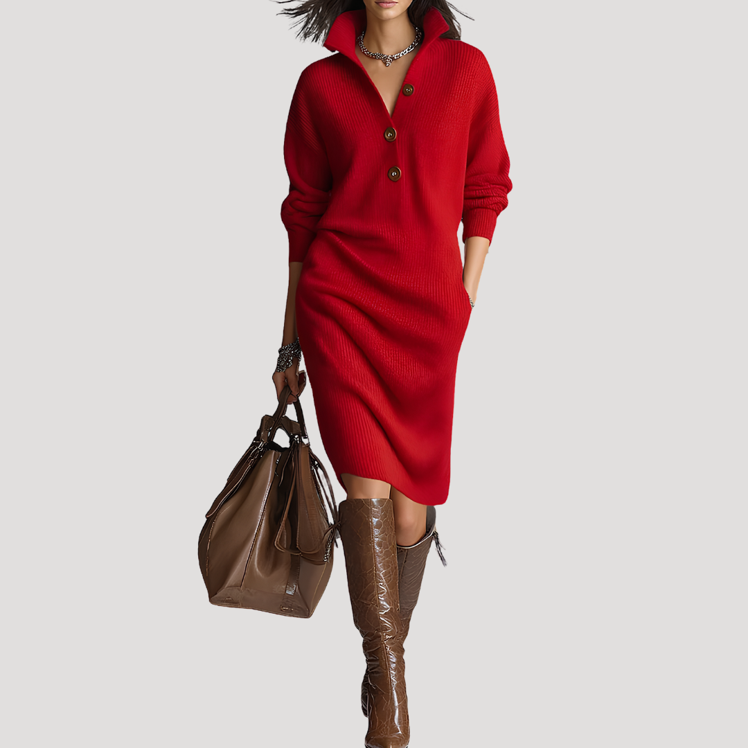 Robe midi femme en maille à col et boutons