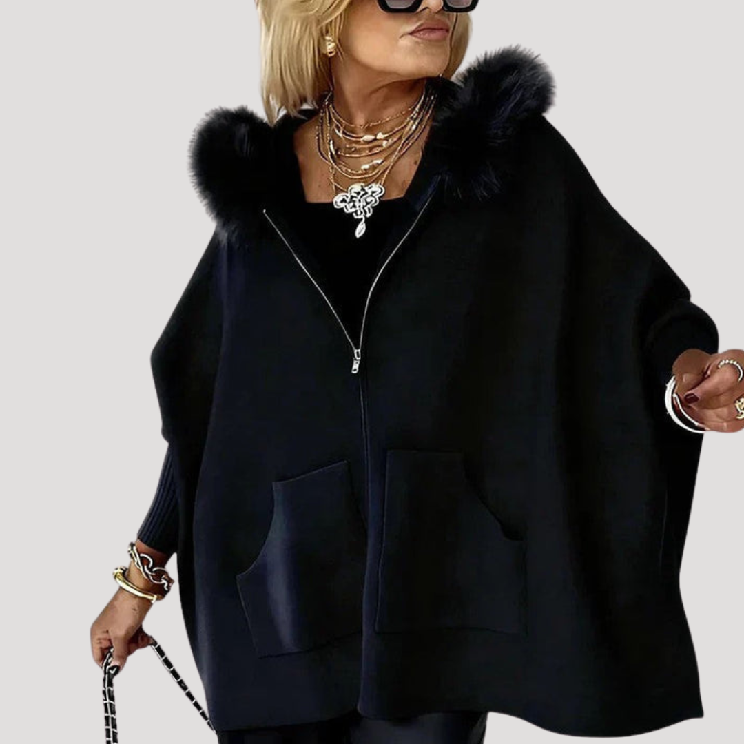 Veste Cape Femme Zippée à Capuche en Fausse Fourrure