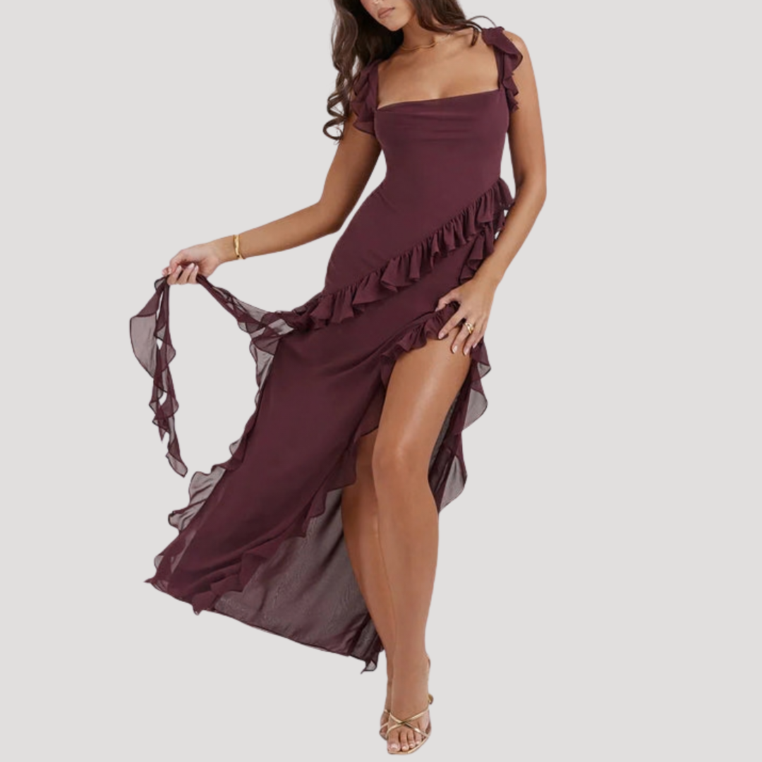 Robe longue fendue à volants élégante