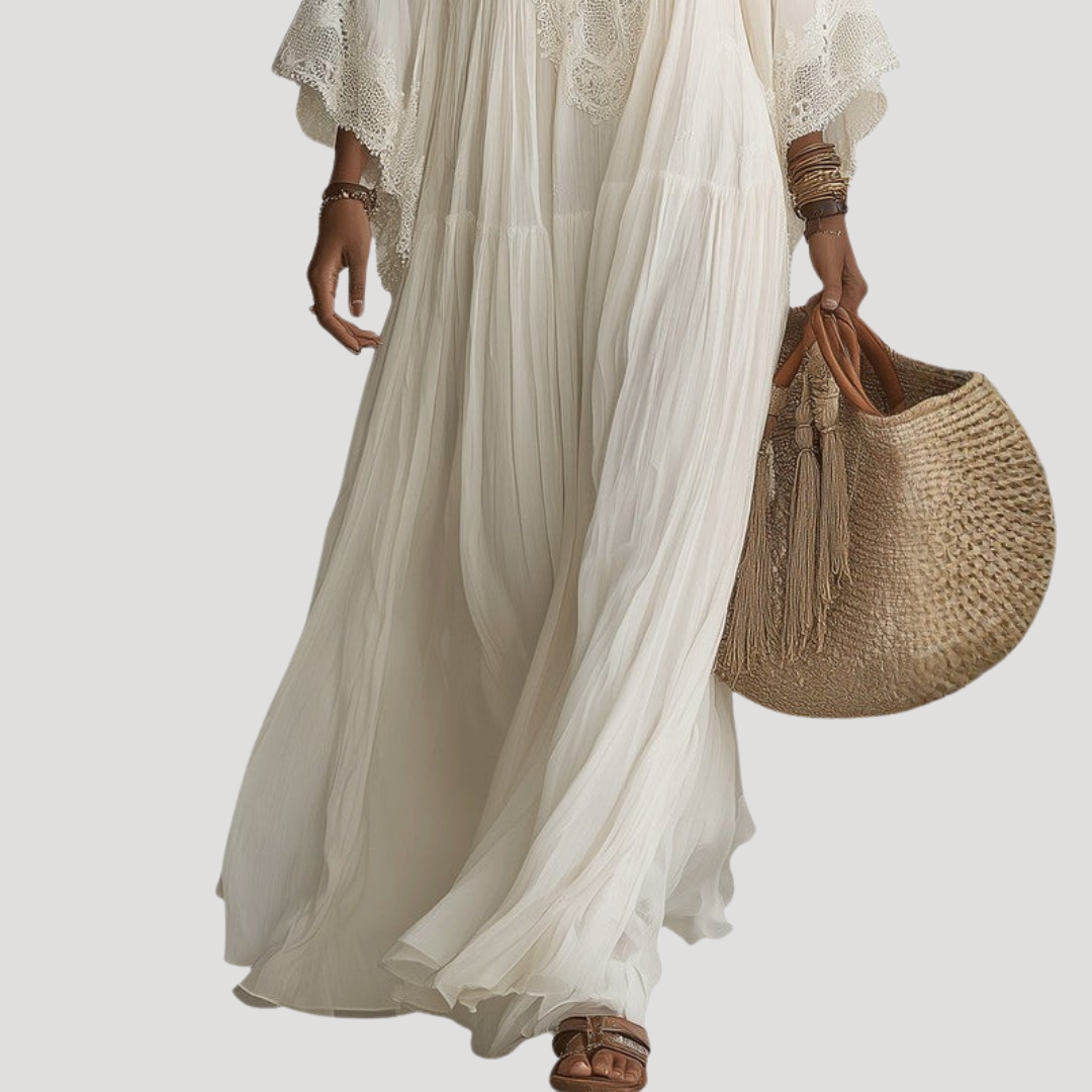 Robe Longue Bohème Femme Col V en Dentelle