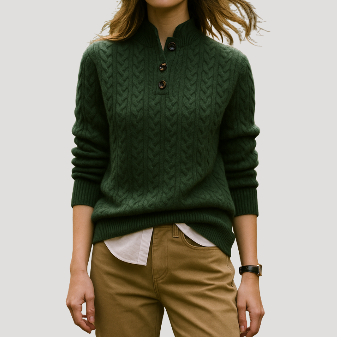 Pull Femme en Maille Torsadée à Col et Patte Boutonnée