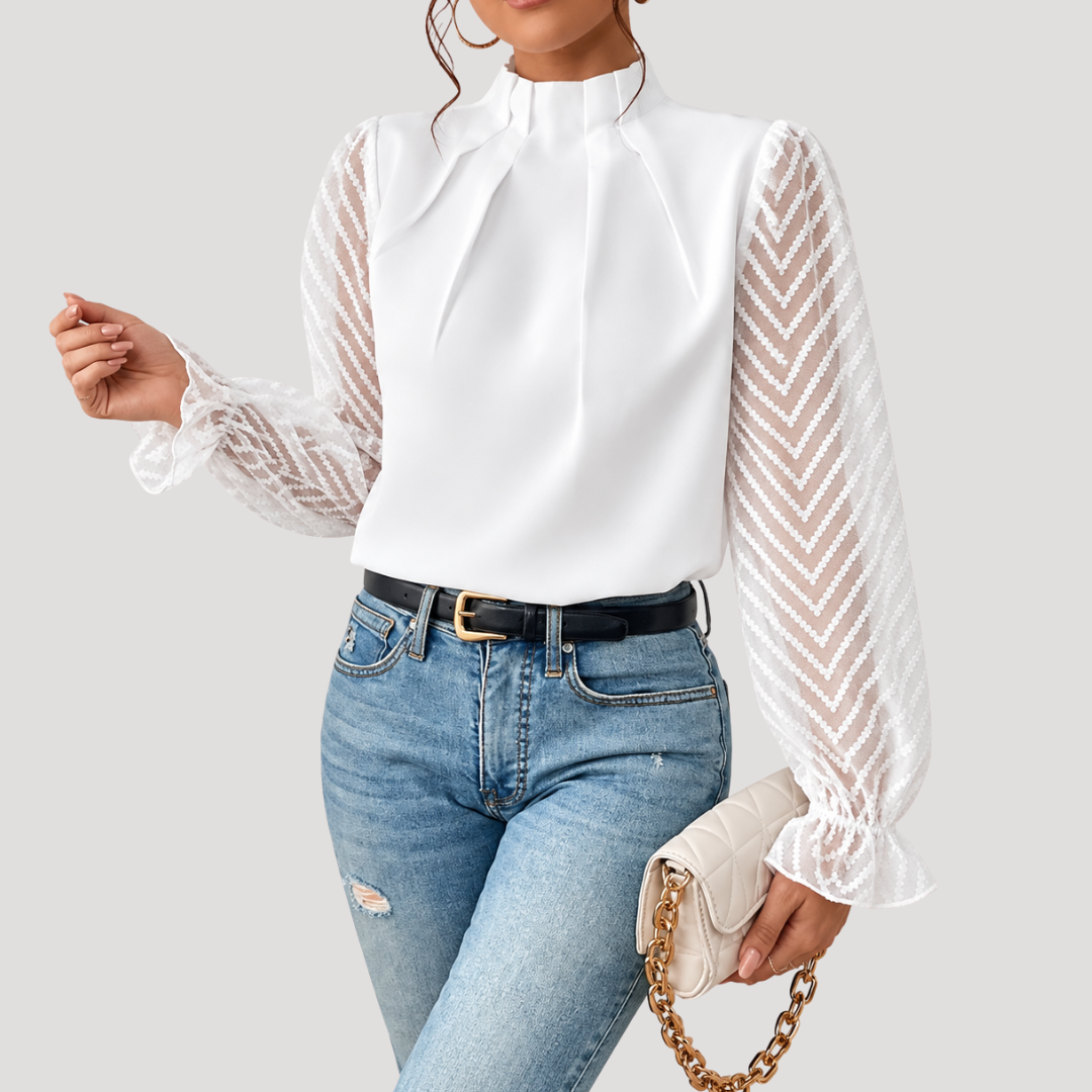 Blouse Femme à Col Montant et Manches Transparentes