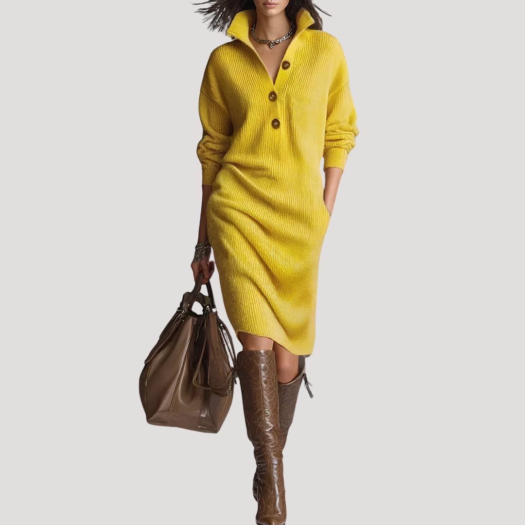 Robe midi femme en maille à col et boutons