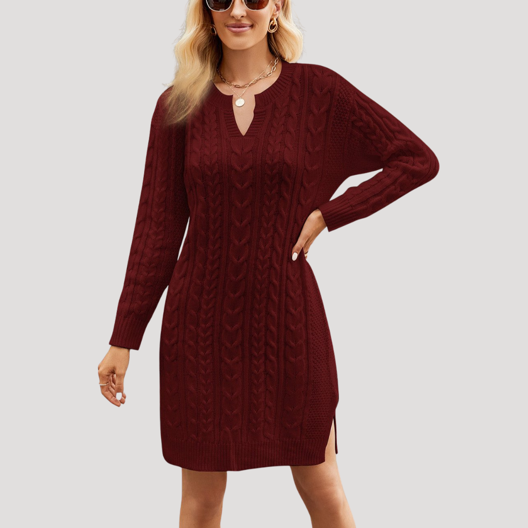 Robe Midi Femme en Maille Torsadée Manches Longues