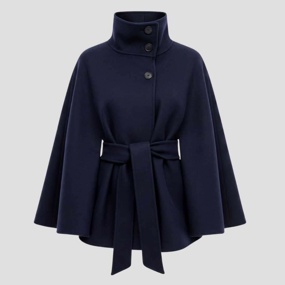 Manteau cape femme ceinturé à col montant