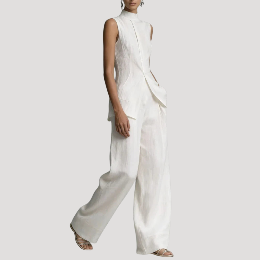 Tailleur Femme Chic Gilet Long et Pantalon Large