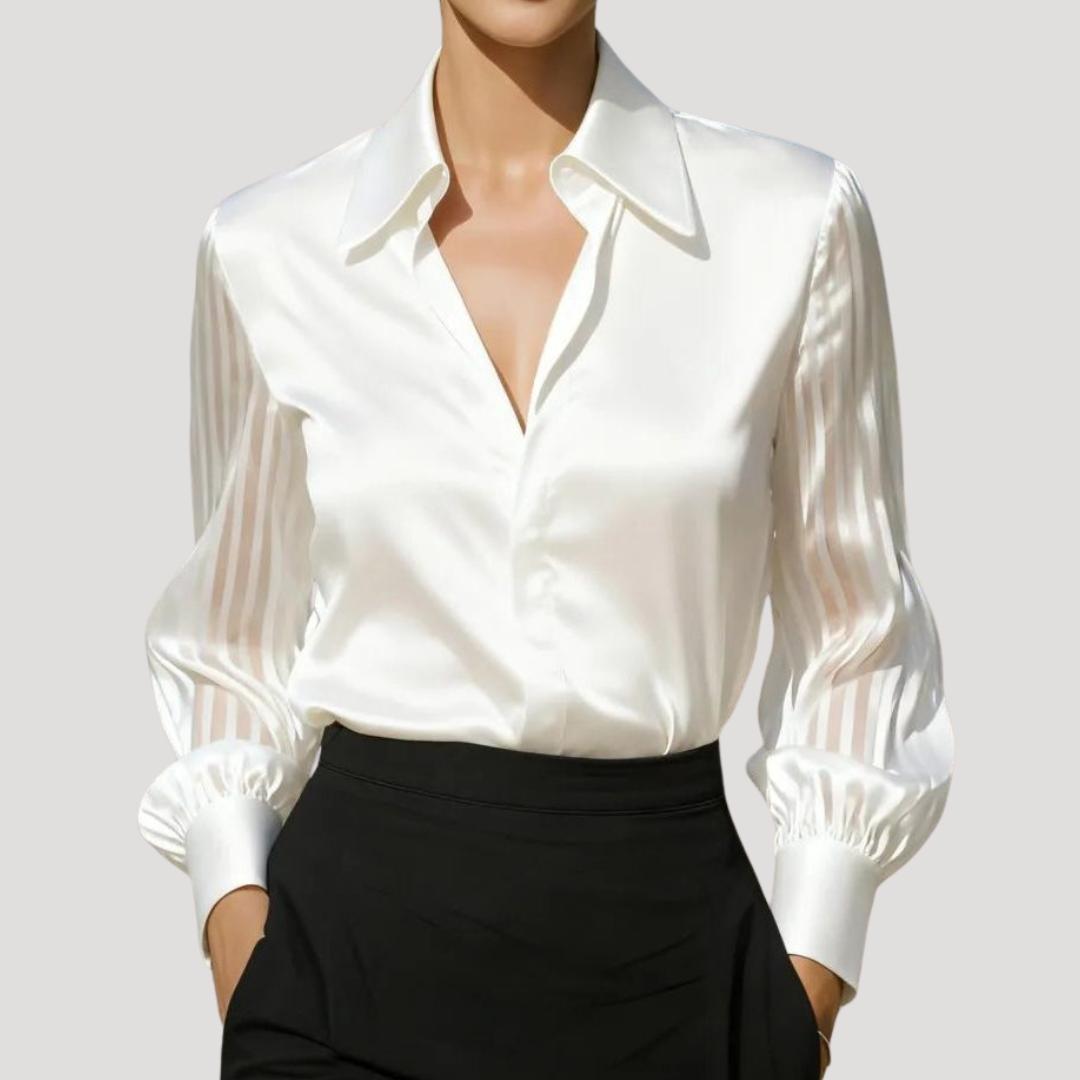 Blouse Satinée Femme à Col et Manches Longues Transparentes