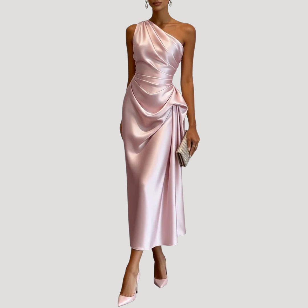 Robe Midi Satinée Une Épaule Femme