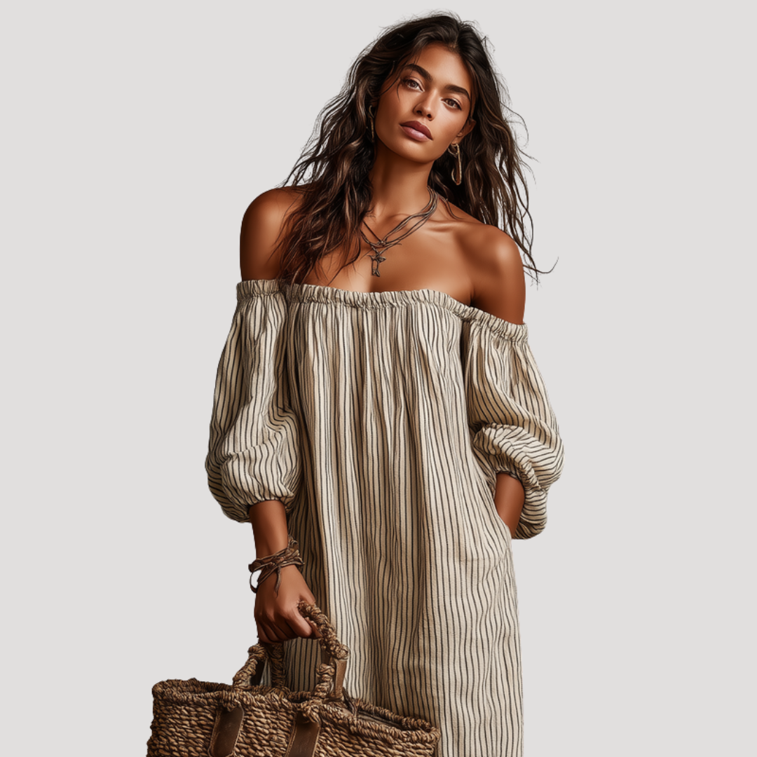 Robe Longue Épaules Dénudées Rayée Bohème