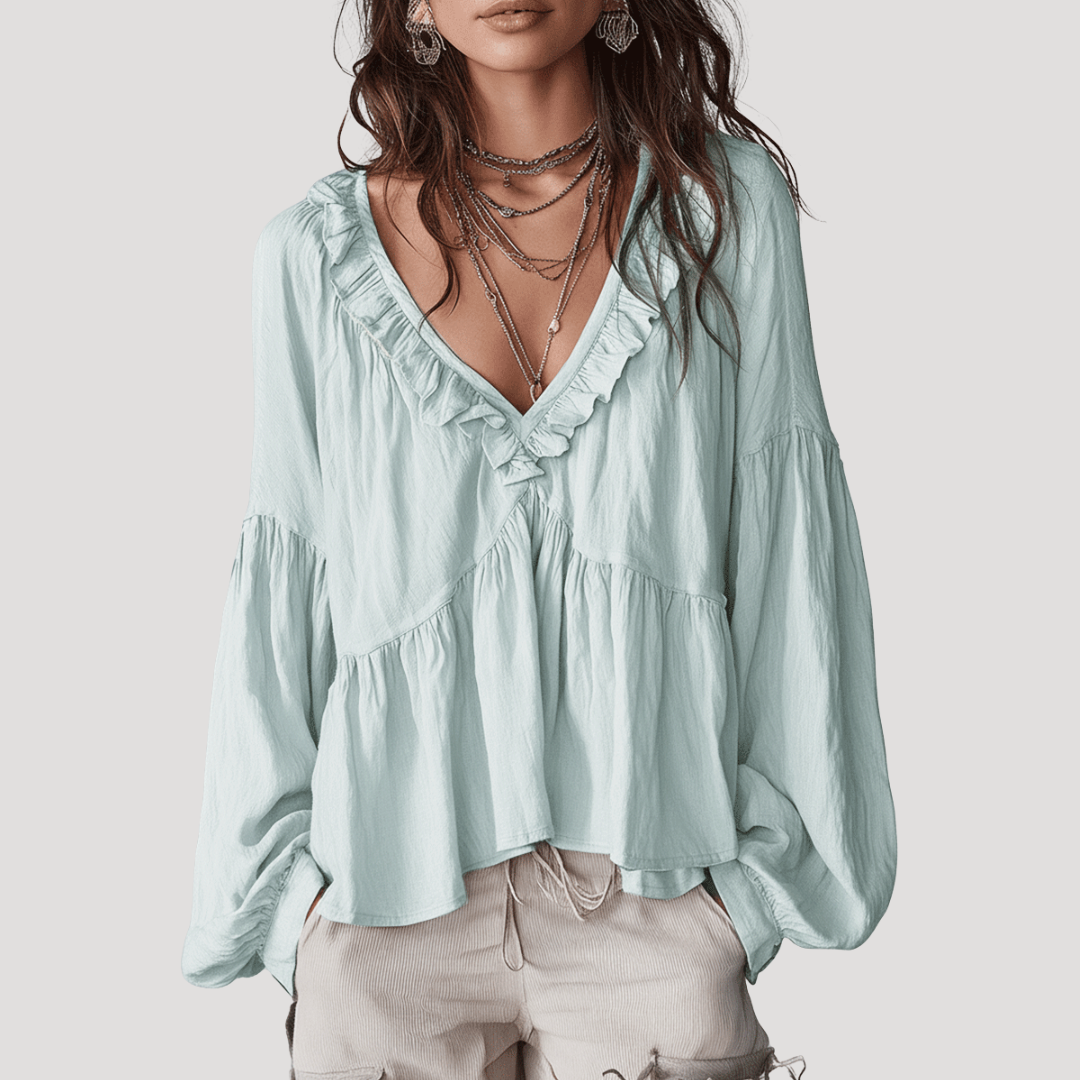 Blouse Femme Col V à Volants Manches Longues
