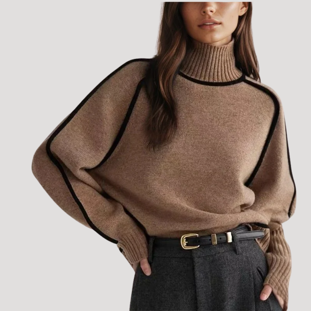 Pull Femme Col Montant à Bordures Contrastées