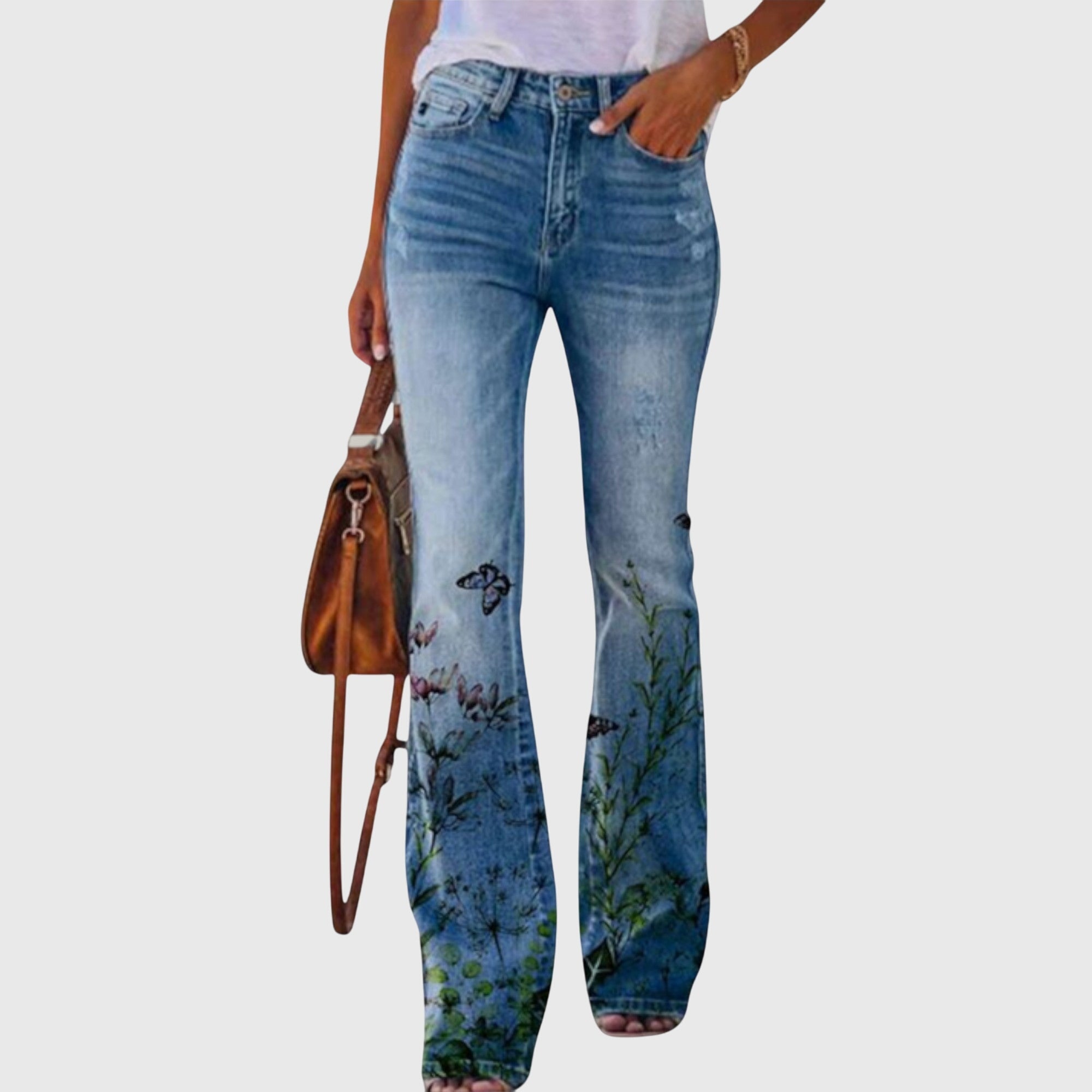 Jean Droit Femme Taille Haute Fleuri