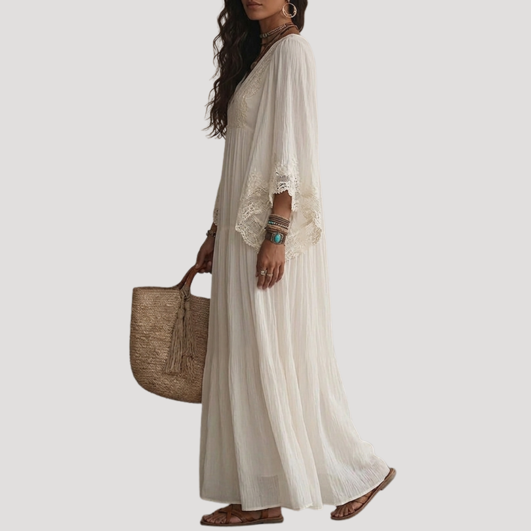 Robe Longue Bohème Femme Col V en Dentelle